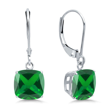 Cushion Cut Bridal Dangling Leverback Earrings Simulated Green Emerald CZ 925 Sterling Silver (6mm-10mm)